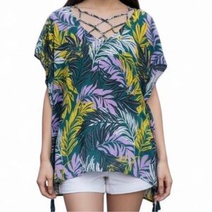Palisades Beach Club Swim Green and Purple Tropical Print Beach Cover Up